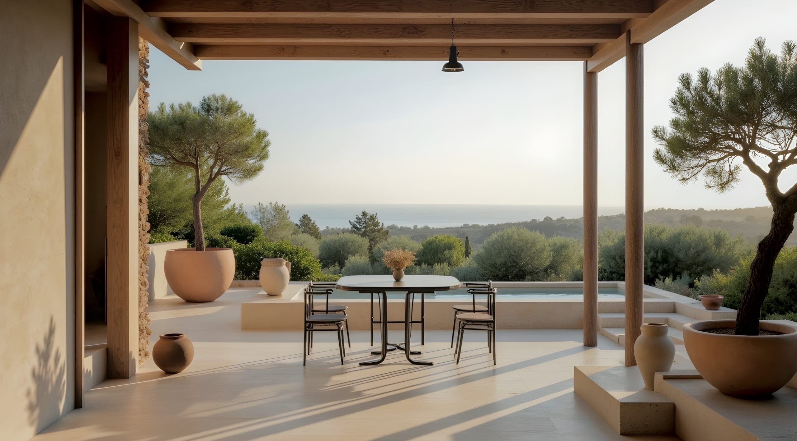 A stone terrace under a timber pergola, looking out over pines to the sea