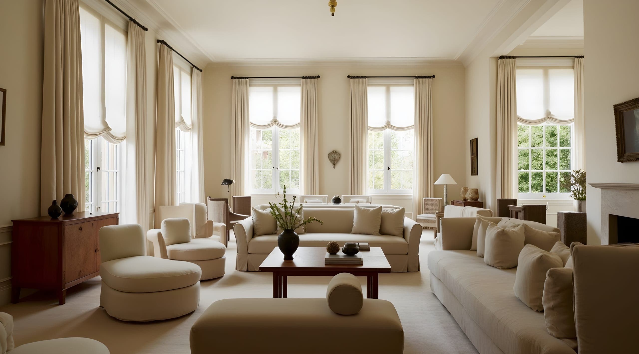 A tall drawing room with linen curtains and slip-covered sofas
