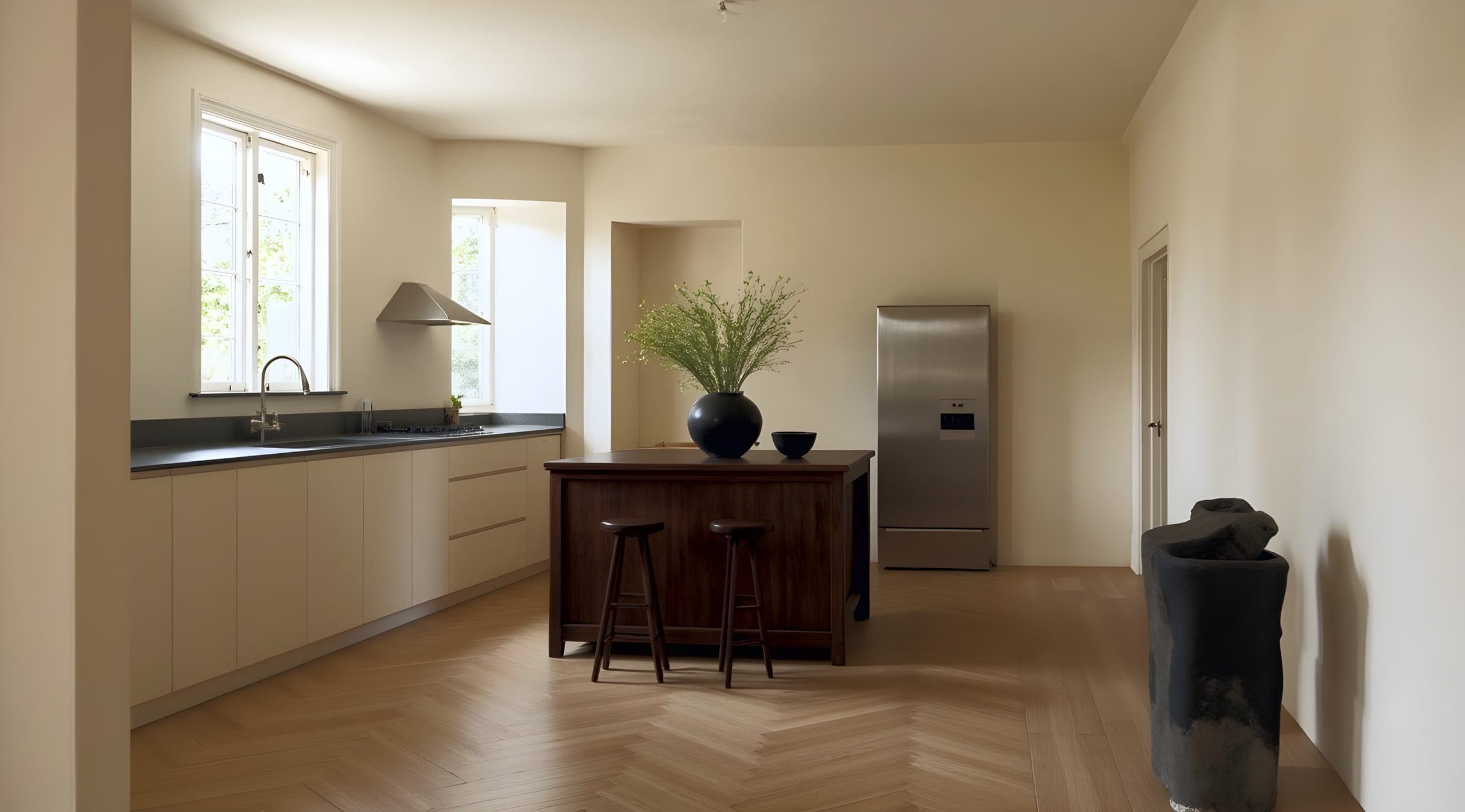 A pale kitchen and dining room with herringbone oak floors