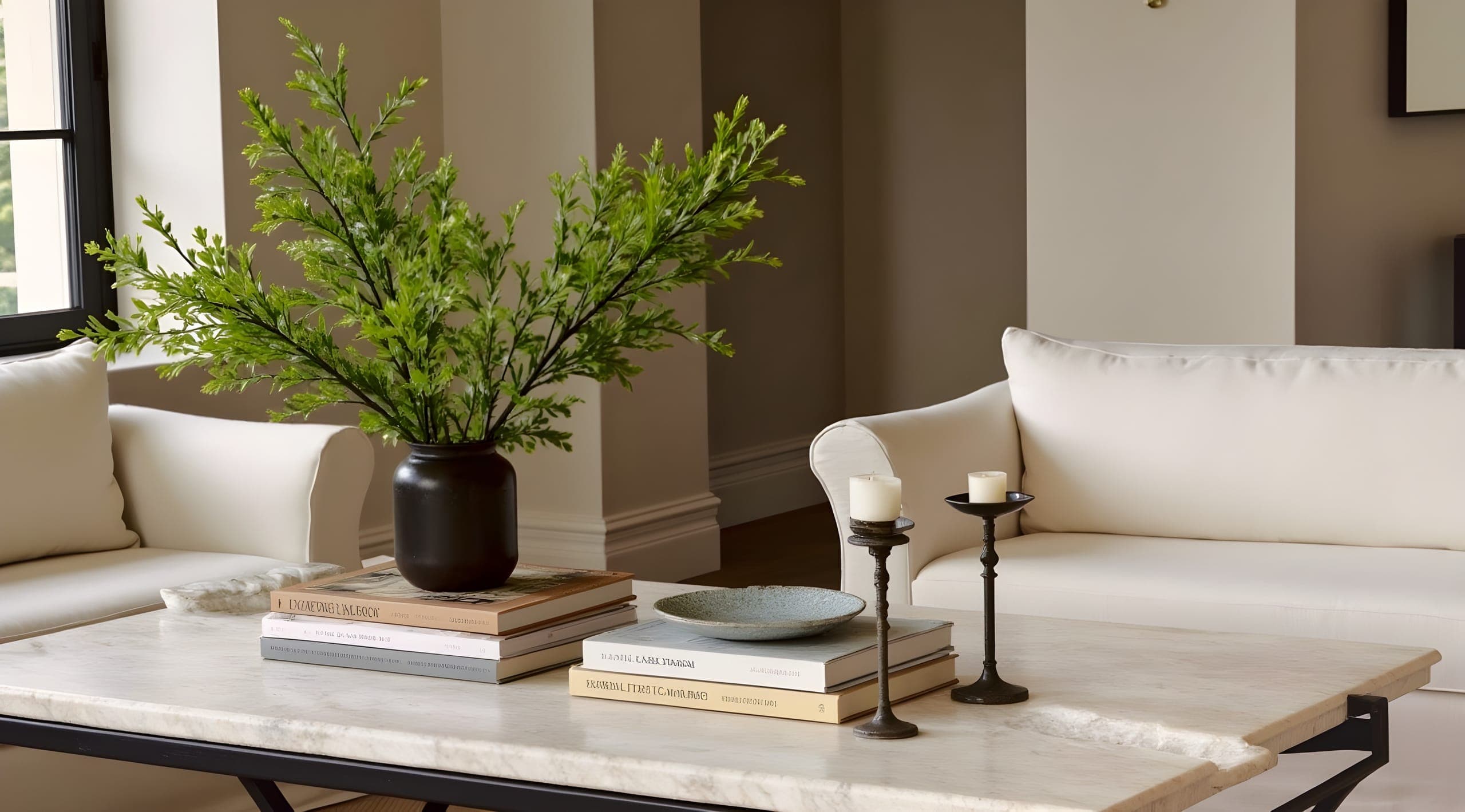 A marble coffee table — books, a ceramic, candles and leafy green branches in a dark vessel