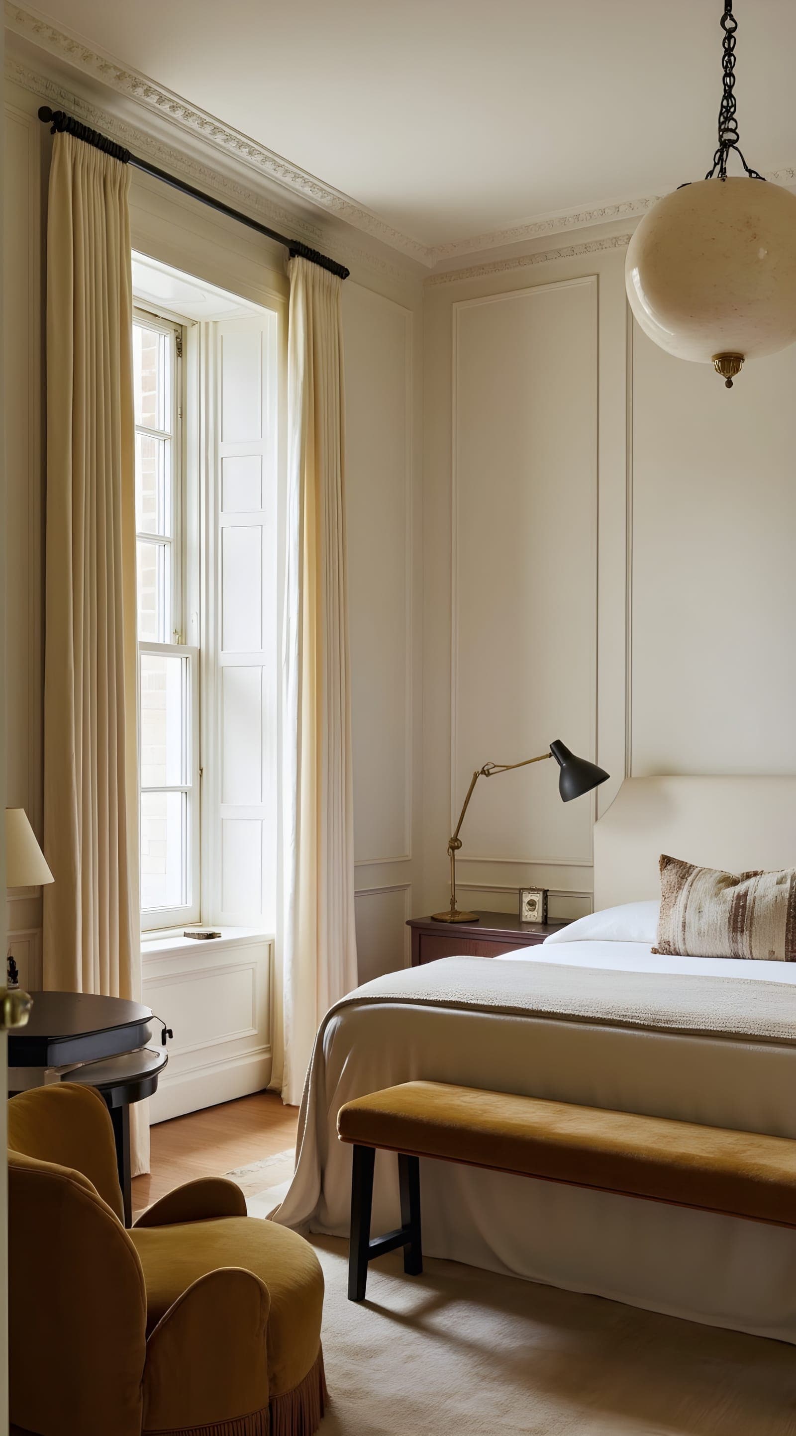 A bedroom with tall windows, linen curtains and a bench at the foot of the bed