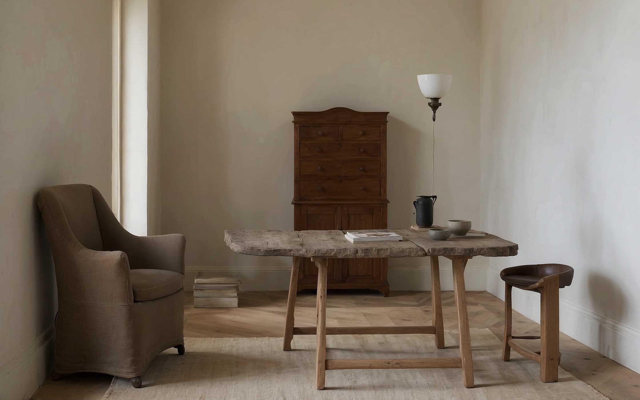 A worn leather armchair beside a stoneware lamp on an oak side table, lime-washed stone wall behind