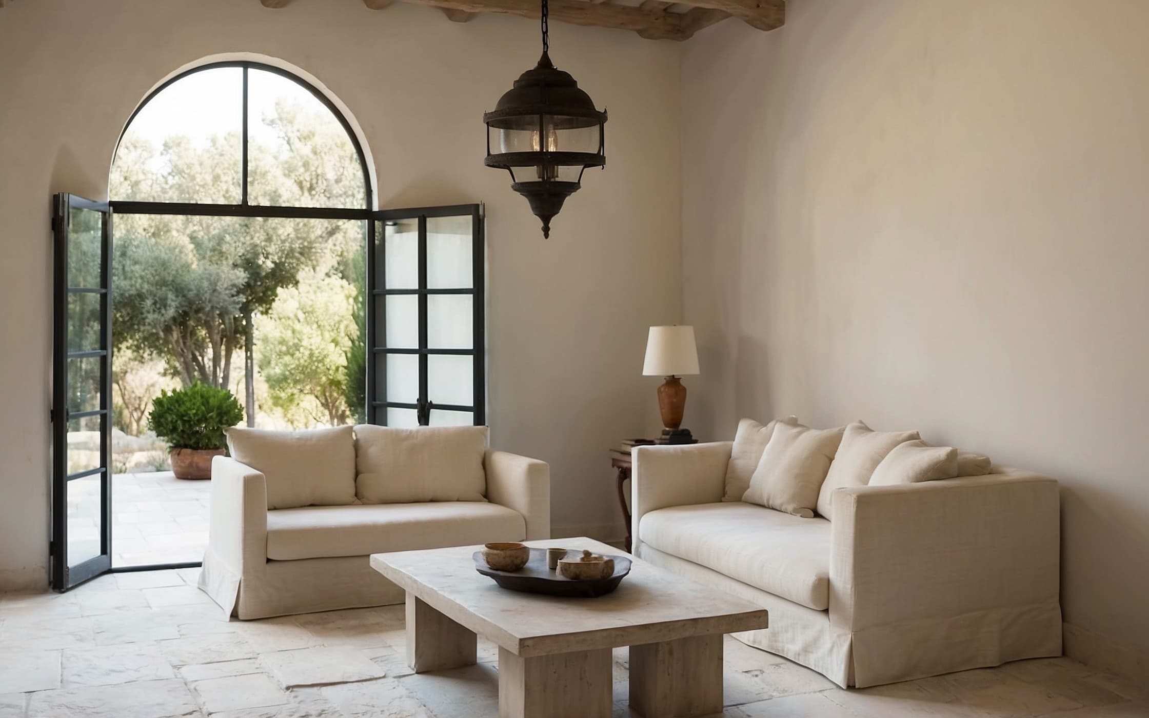 Wide whitewashed stone living room at dusk, iron lantern glowing on travertine floor, linen sofas, arched opening
