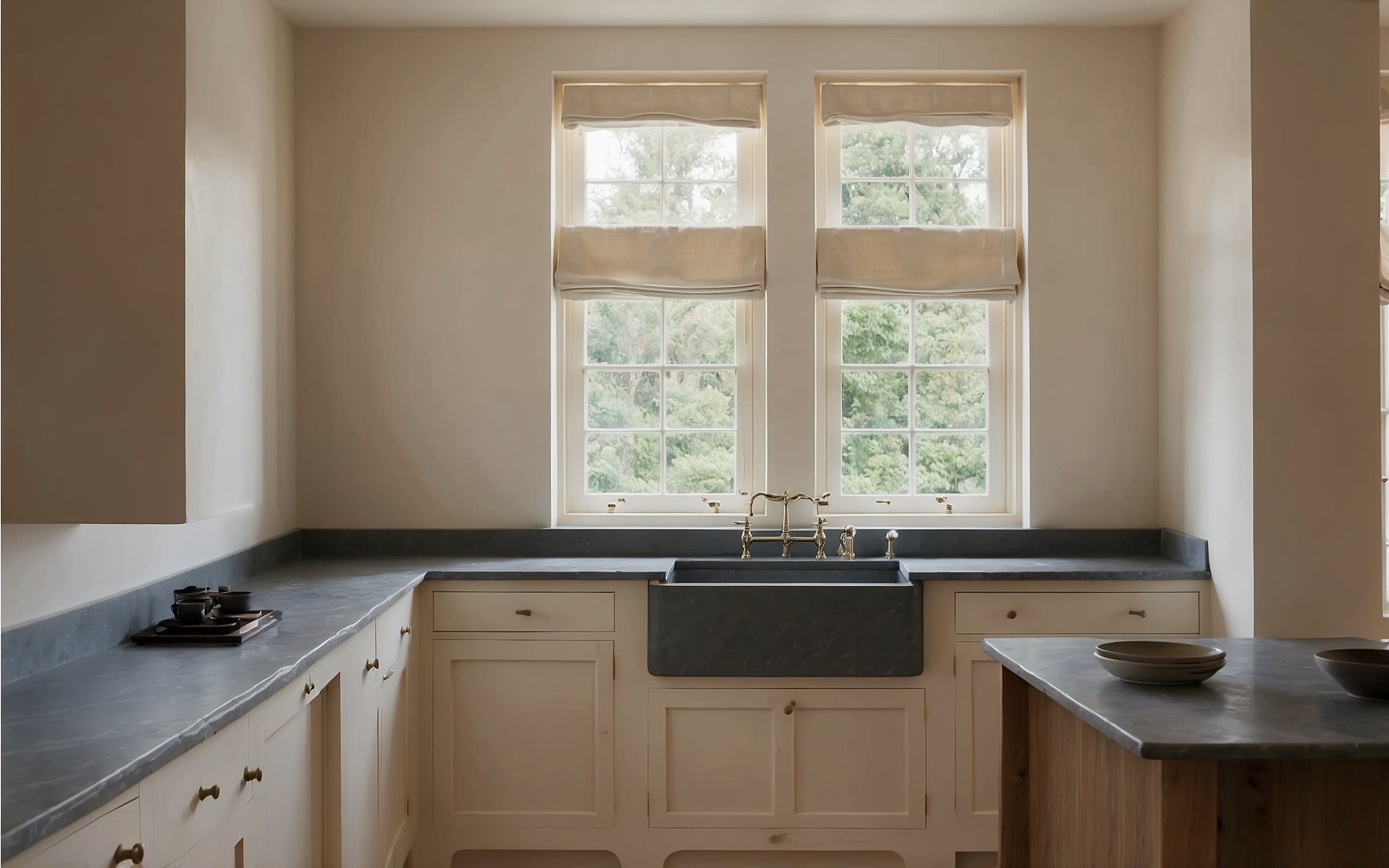 Cream shaker kitchen corner, copper kettle on dark stone counter, grey morning window