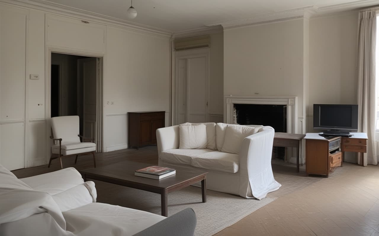 Plain Paris rental living room, laminate floor, grey sofa, pressboard shelves, flat white walls