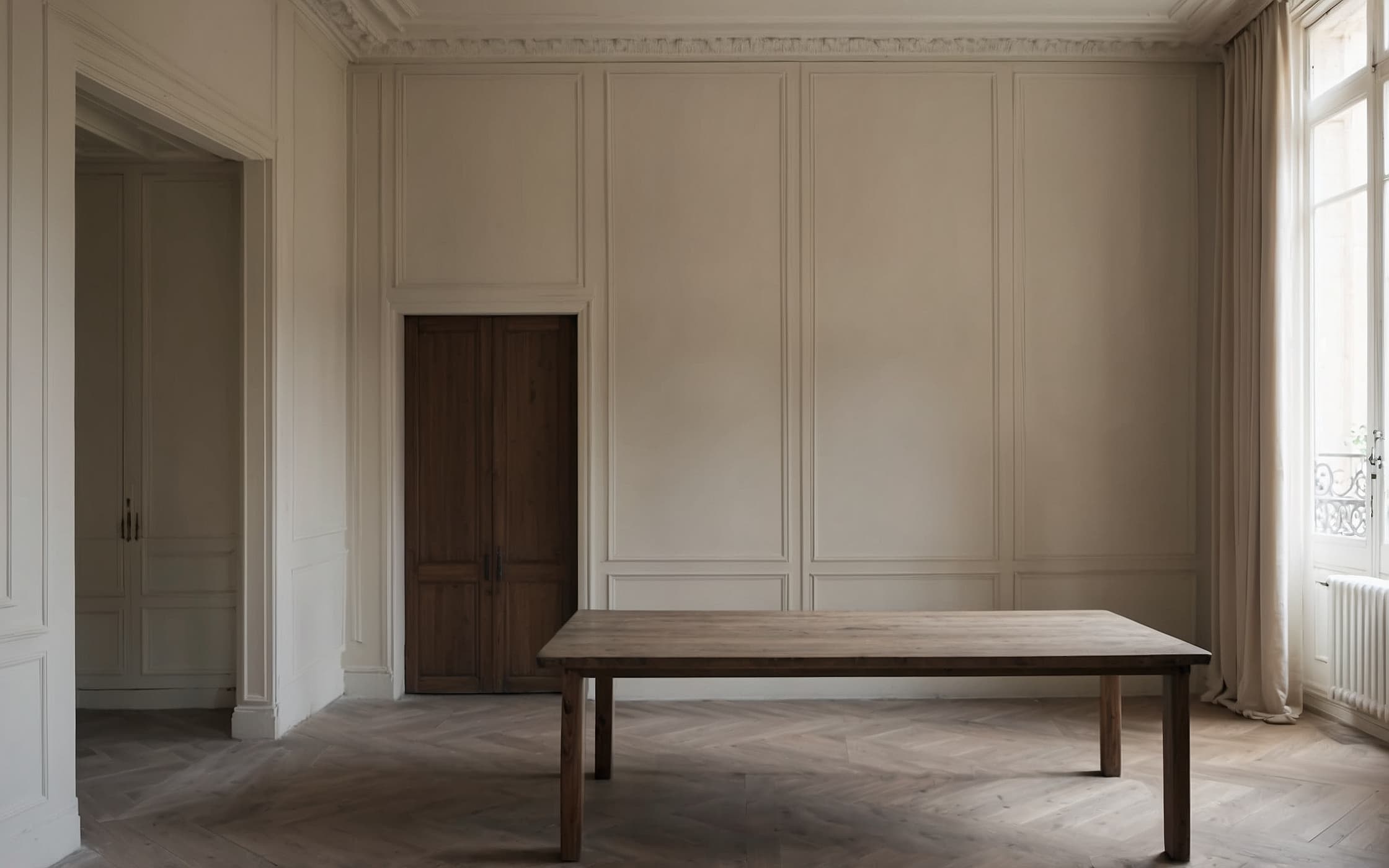 Tall-ceilinged dining room, stone table, boiserie walls, shuttered windows casting barred light